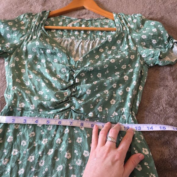 Free People Bond Street Mini Dress Green Floral Ruched Puff Sleeve Size 4 - Picture 16 of 16